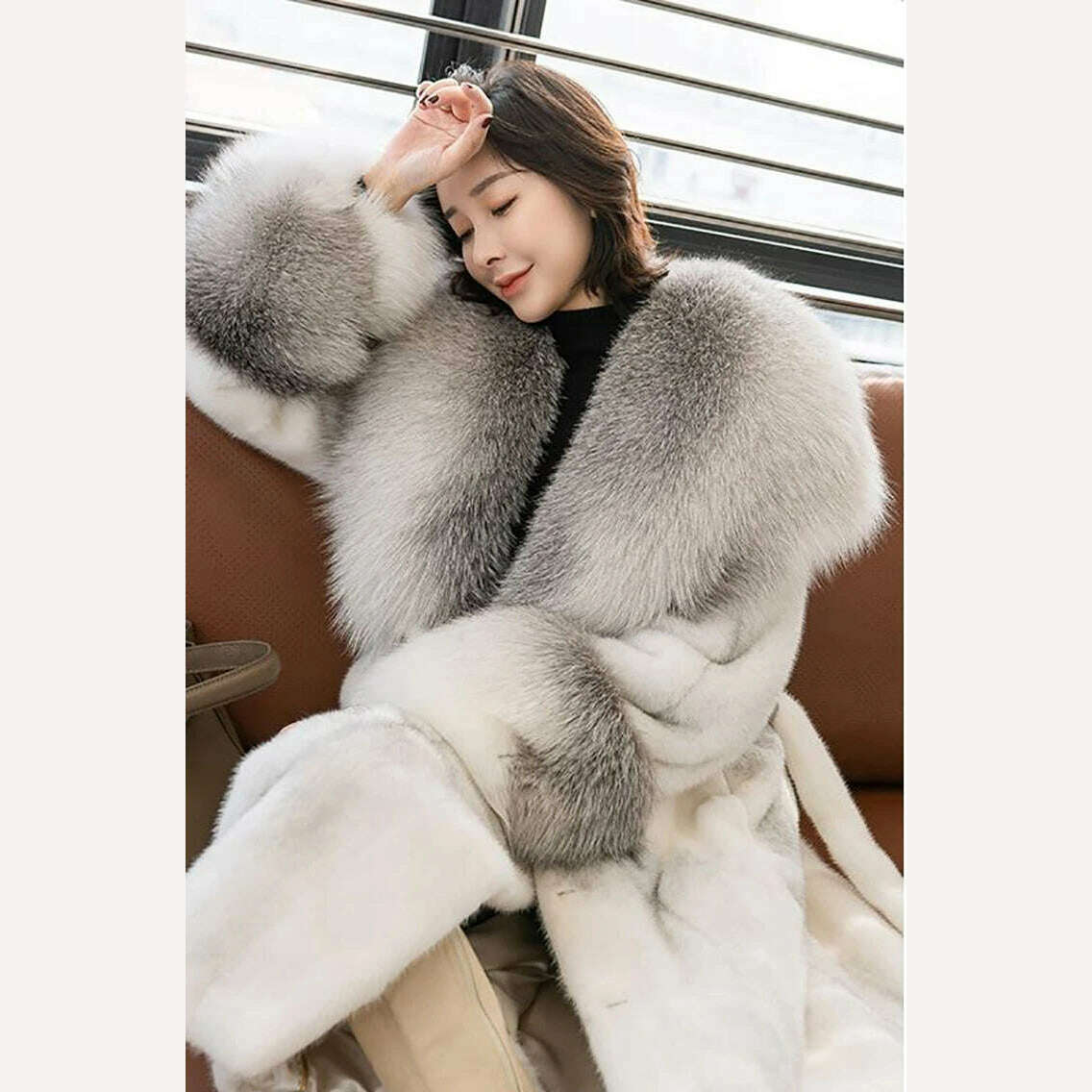 KIMLUD, Winter Coat with Fox Fur Mink Collar Coats Women New Faux Fur Coat Large Fur Collar White Black Long Coat, KIMLUD Womens Clothes