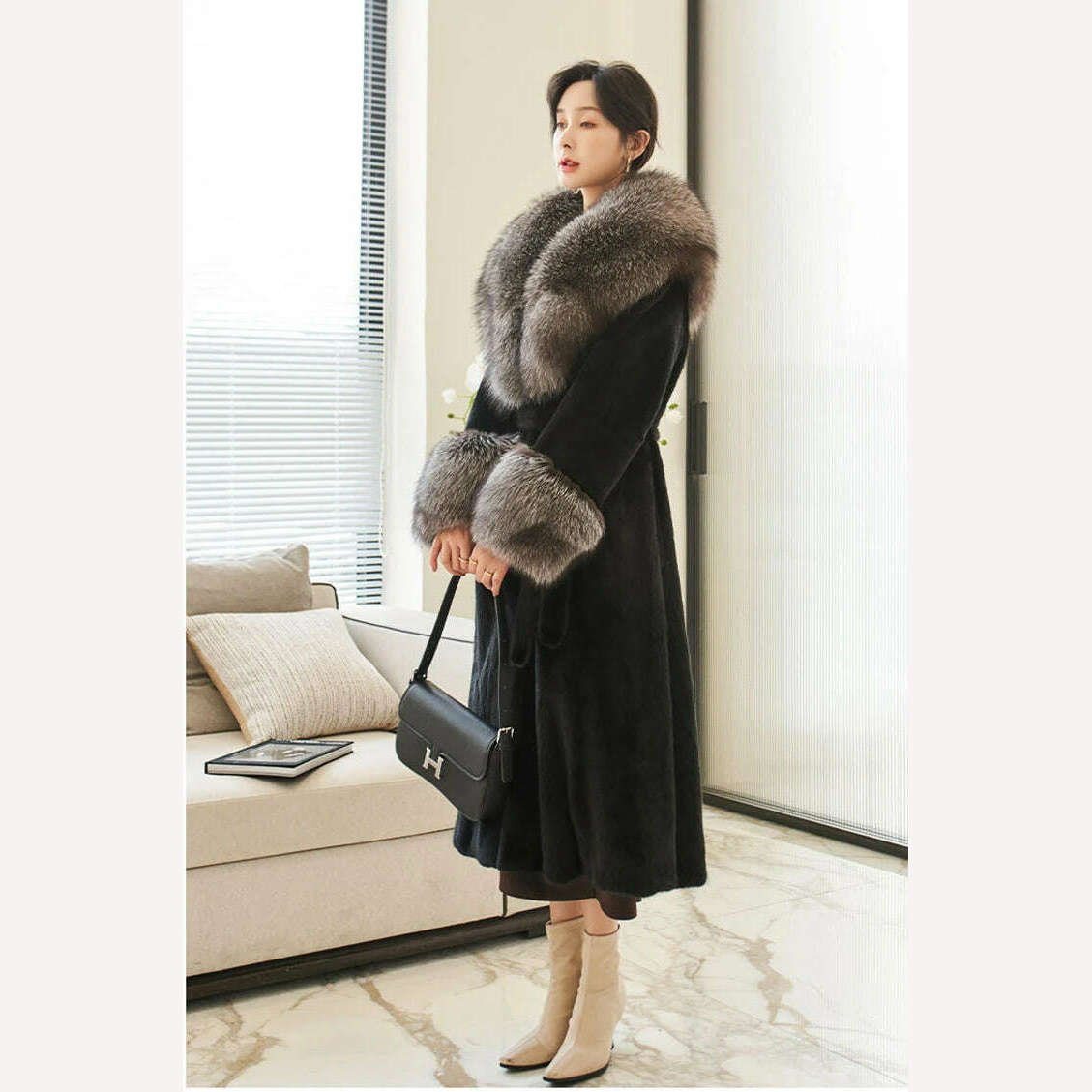 KIMLUD, Winter Coat with Fox Fur Mink Collar Coats Women New Faux Fur Coat Large Fur Collar White Black Long Coat, KIMLUD Womens Clothes