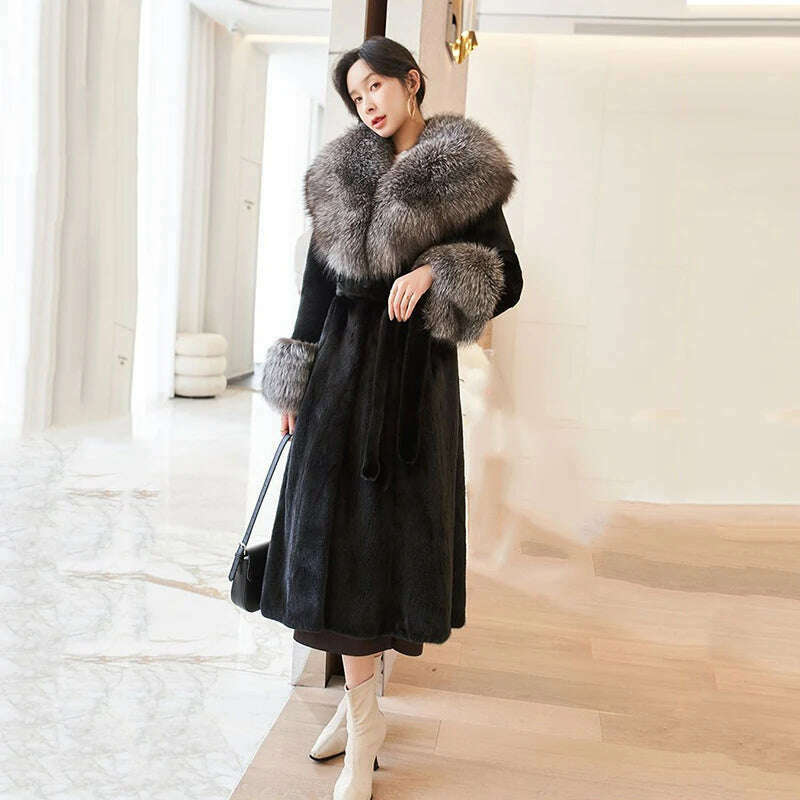KIMLUD, Winter Coat with Fox Fur Mink Collar Coats Women New Faux Fur Coat Large Fur Collar White Black Long Coat, KIMLUD Womens Clothes