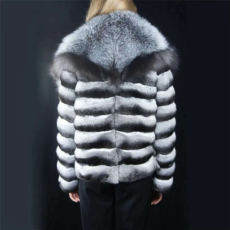 KIMLUD, Winter Coat Women Real Chinchilla Rex Rabbit Fur Jacket With Big Silver Fox Fur Collar Natural Pelt Genuine Rex Rabbit Fur Coats, KIMLUD Womens Clothes