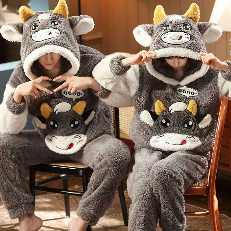 KIMLUD, Winter Couples Pajama Sets Women Men Pyjamas Hoodies Sleepwear Thicken Soft Warm Cartoon Cat Lovely Lovers Pijamas Suit, B / WOMEN-M, KIMLUD Womens Clothes