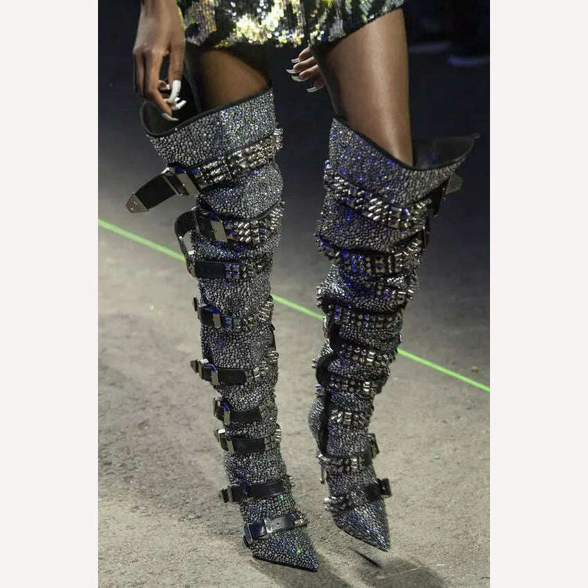 KIMLUD, Winter Fashion Design Solid Color Hot Diamond Ghost Head Heel Rivet Pointed Over The Knee Boots High Heel Women's Shoes, as photo / 35, KIMLUD APPAREL - Womens Clothes