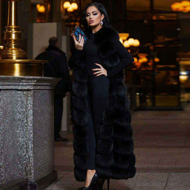 KIMLUD, Winter Fox Fur Vest For Women Super Long Winter Eco-friendly Fur Jacket Fashion Outwear Luxury Natural Fur Vest Female Waistcoat, KIMLUD Womens ClothesKIMLUD, Winter Fox Fur Vest For Women Super Long Winter Eco-friendly Fur Jacket Fashion Outwear Luxury Natural Fur Vest Female Waistcoat, Black / 3XL-bust 108cm, KIMLUD APPAREL - Womens Clothes