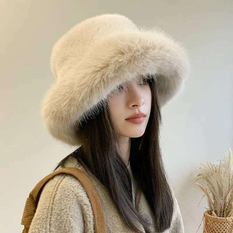 KIMLUD, Winter Hat for Women Faux Fur Fluffy Bucket Hat for Women Luxury Plush Hat Thicken Snow Oversized Fur Bucket Hat Soft Panama Cap, KIMLUD Womens Clothes