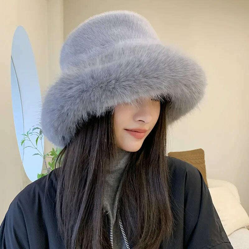 KIMLUD, Winter Hat for Women Faux Fur Fluffy Bucket Hat for Women Luxury Plush Hat Thicken Snow Oversized Fur Bucket Hat Soft Panama Cap, KIMLUD Womens Clothes