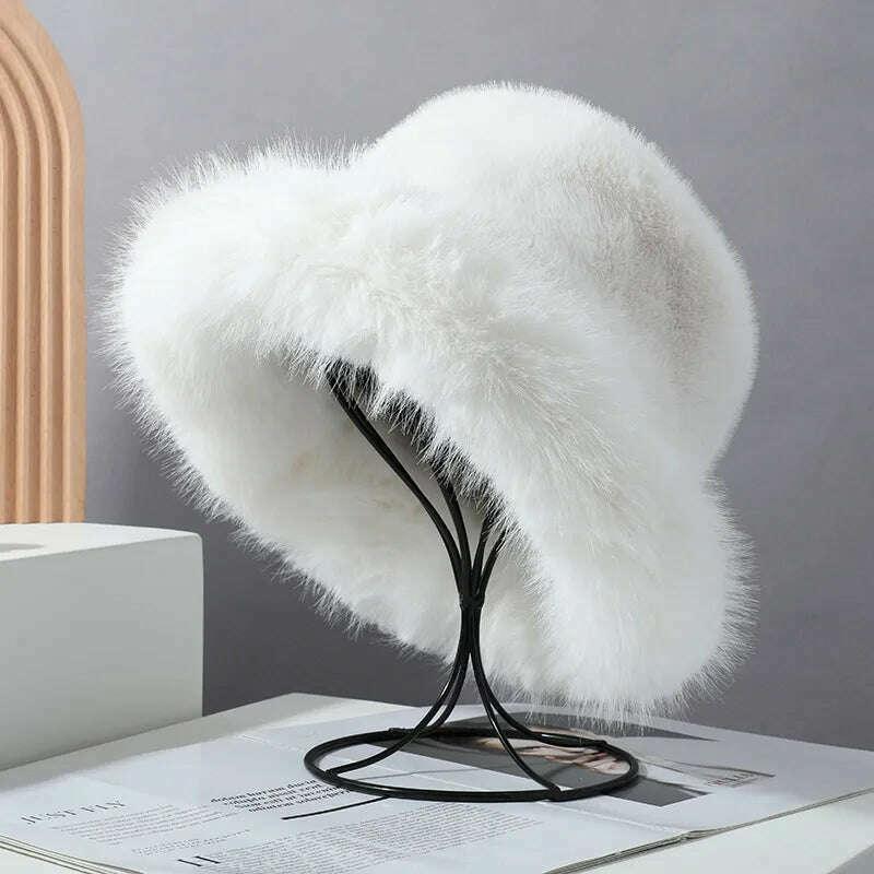 KIMLUD, Winter Hat for Women Faux Fur Fluffy Bucket Hat for Women Luxury Plush Hat Thicken Snow Oversized Fur Bucket Hat Soft Panama Cap, KIMLUD Womens Clothes