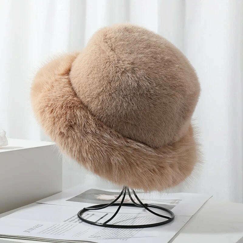 KIMLUD, Winter Hat for Women Faux Fur Fluffy Bucket Hat for Women Luxury Plush Hat Thicken Snow Oversized Fur Bucket Hat Soft Panama Cap, KIMLUD Womens Clothes