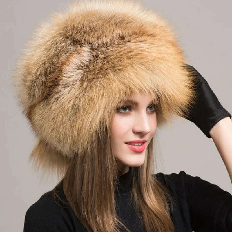 KIMLUD, Winter Hats For Women Natural Fur Hats With Earmuff Outdoor Skiing Caps Ladies Thicken Fluffy Fur Caps Silver Fox Fur Hat, KIMLUD Womens Clothes