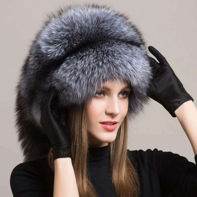 KIMLUD, Winter Hats For Women Natural Fur Hats With Earmuff Outdoor Skiing Caps Ladies Thicken Fluffy Fur Caps Silver Fox Fur Hat, KIMLUD Womens Clothes