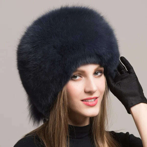 KIMLUD, Winter Hats For Women Natural Fur Hats With Earmuff Outdoor Skiing Caps Ladies Thicken Fluffy Fur Caps Silver Fox Fur Hat, Gray-blue, KIMLUD APPAREL - Womens Clothes