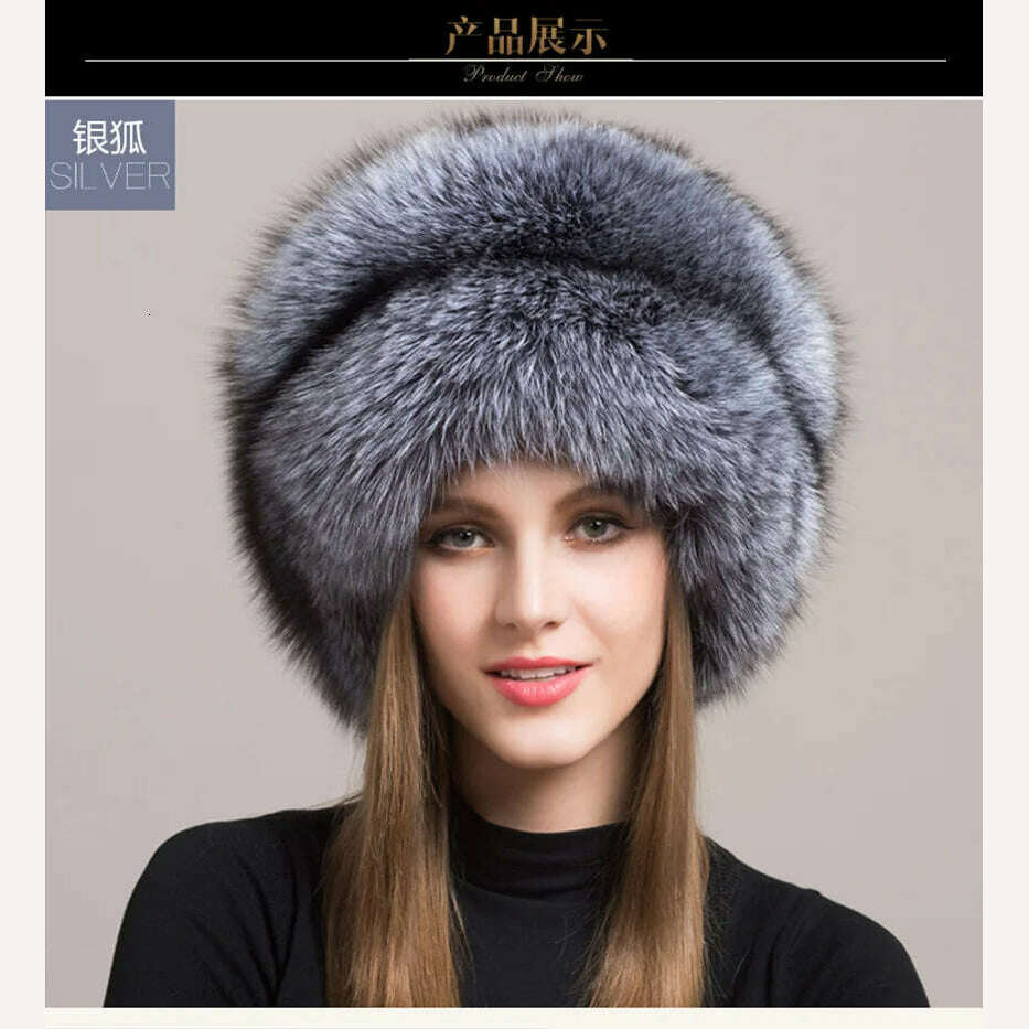 KIMLUD, Winter Hats For Women Natural Fur Hats With Earmuff Outdoor Skiing Caps Ladies Thicken Fluffy Fur Caps Silver Fox Fur Hat, KIMLUD Womens Clothes