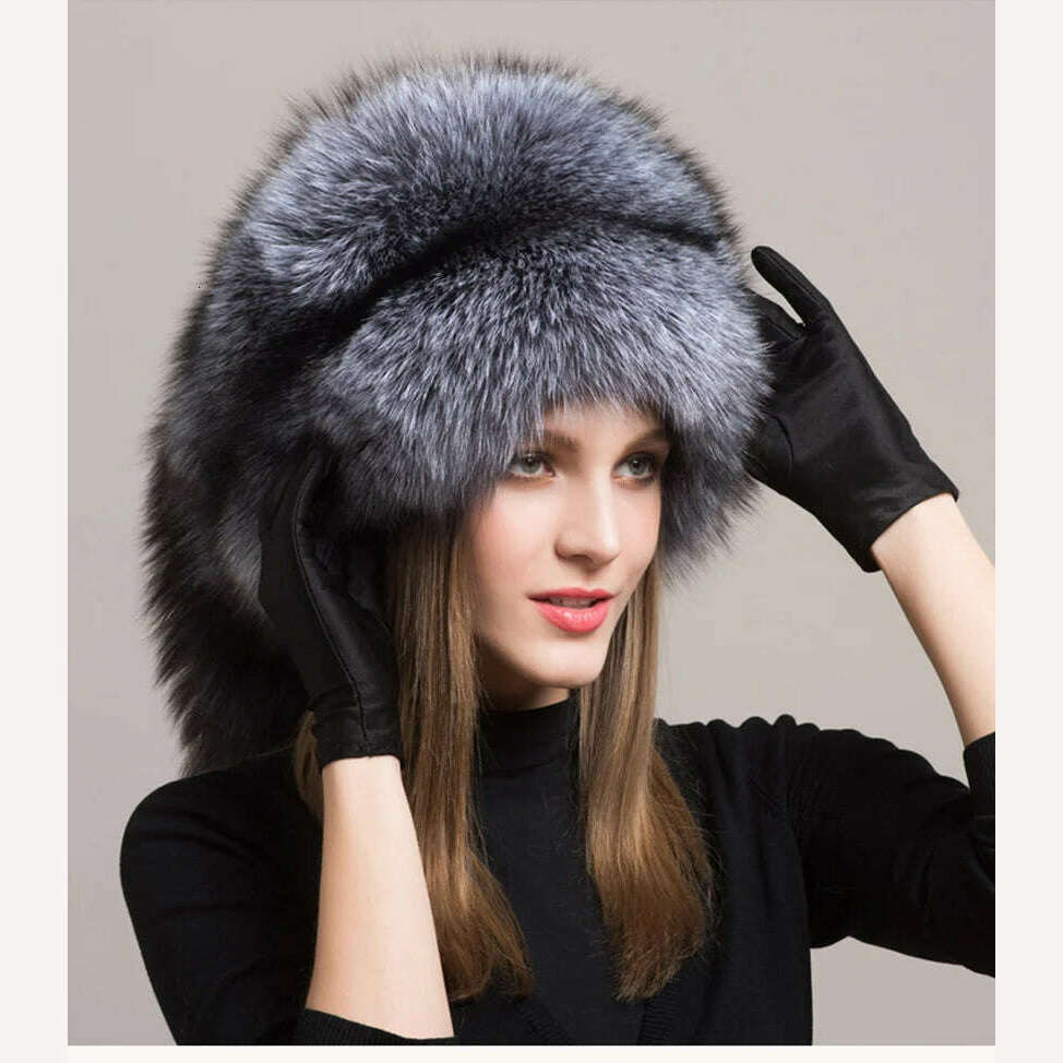 KIMLUD, Winter Hats For Women Natural Fur Hats With Earmuff Outdoor Skiing Caps Ladies Thicken Fluffy Fur Caps Silver Fox Fur Hat, KIMLUD Womens Clothes