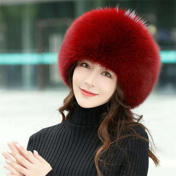 KIMLUD, Winter Hats Woman 100% Natural Fox Fur Hat Women Cap Thick Fur Cap Winter Warm Hat Female Fashion For Women Real Fox Fur Hat, Claret Hat / M(54-57cm), KIMLUD APPAREL - Womens Clothes