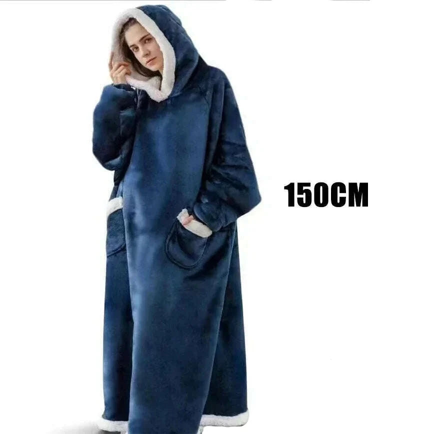 KIMLUD, Winter Hoodies Sweatshirt Women Men Pullover Fleece Giant TV Oversized Blanket with Long Flannel Sleeves, Long-dark-blue / One Size, KIMLUD Womens Clothes