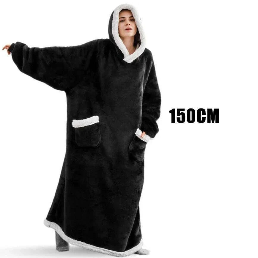 KIMLUD, Winter Hoodies Sweatshirt Women Men Pullover Fleece Giant TV Oversized Blanket with Long Flannel Sleeves, Long-Black / One Size, KIMLUD APPAREL - Womens Clothes