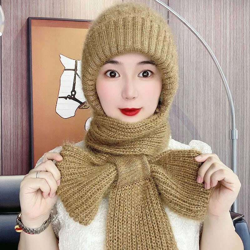 KIMLUD, Winter Knitted Skullies Hat Scarf Set Cold Proof Ear Protection Scarf Warm Girls Beanies Cycling Windproof Ladies Outdoor Caps, Khaki, KIMLUD APPAREL - Womens Clothes