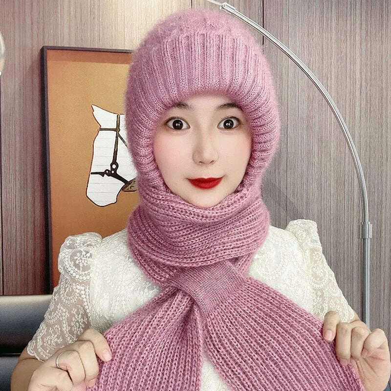 KIMLUD, Winter Knitted Skullies Hat Scarf Set Cold Proof Ear Protection Scarf Warm Girls Beanies Cycling Windproof Ladies Outdoor Caps, Purple, KIMLUD APPAREL - Womens Clothes