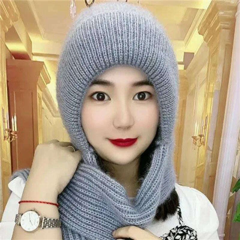 KIMLUD, Winter Knitted Skullies Hat Scarf Set Cold Proof Ear Protection Scarf Warm Girls Beanies Cycling Windproof Ladies Outdoor Caps, GRAY, KIMLUD APPAREL - Womens Clothes