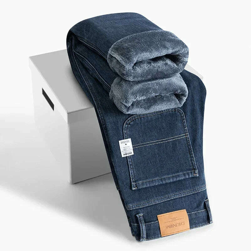 KIMLUD, Winter Korean Fashion Brushed Jeans for Men's Thickened Warm Elastic Slim Comfortable Straight Fleece Denim Trousers, KIMLUD Womens Clothes