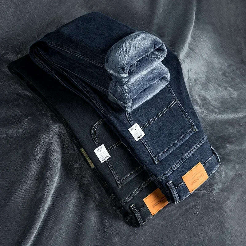 KIMLUD, Winter Korean Fashion Brushed Jeans for Men's Thickened Warm Elastic Slim Comfortable Straight Fleece Denim Trousers, KIMLUD Womens Clothes