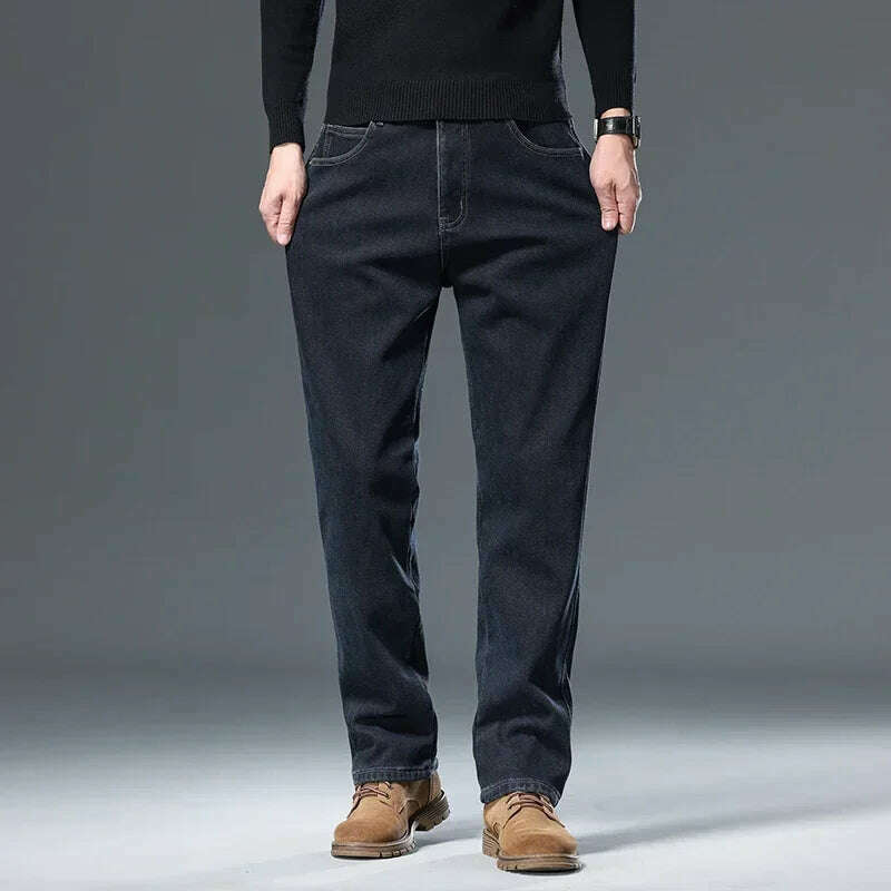 KIMLUD, Winter Korean Fashion Brushed Jeans for Men's Thickened Warm Elastic Slim Comfortable Straight Fleece Denim Trousers, KIMLUD Womens Clothes