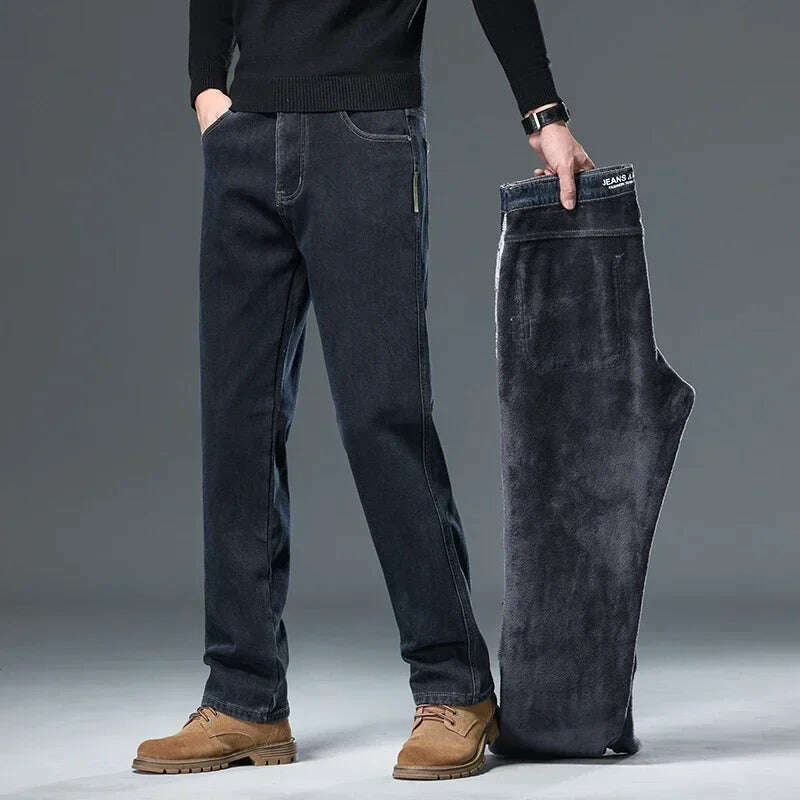 KIMLUD, Winter Korean Fashion Brushed Jeans for Men's Thickened Warm Elastic Slim Comfortable Straight Fleece Denim Trousers, KIMLUD Womens Clothes