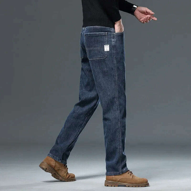 KIMLUD, Winter Korean Fashion Brushed Jeans for Men's Thickened Warm Elastic Slim Comfortable Straight Fleece Denim Trousers, KIMLUD Womens Clothes