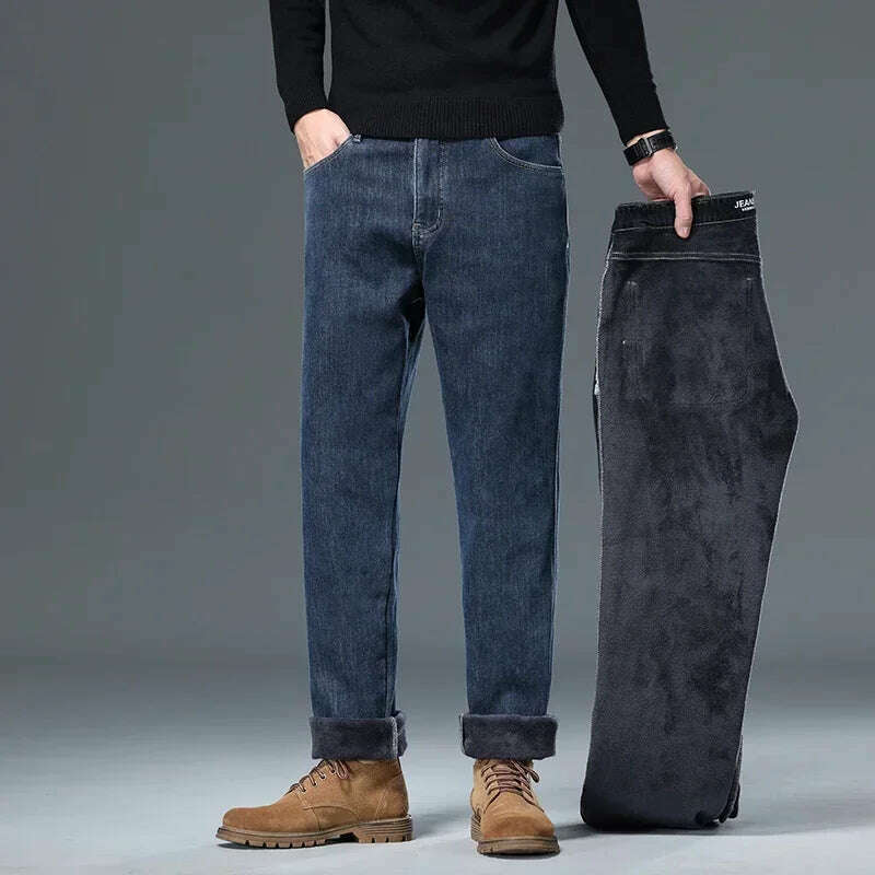 KIMLUD, Winter Korean Fashion Brushed Jeans for Men's Thickened Warm Elastic Slim Comfortable Straight Fleece Denim Trousers, KIMLUD Womens Clothes