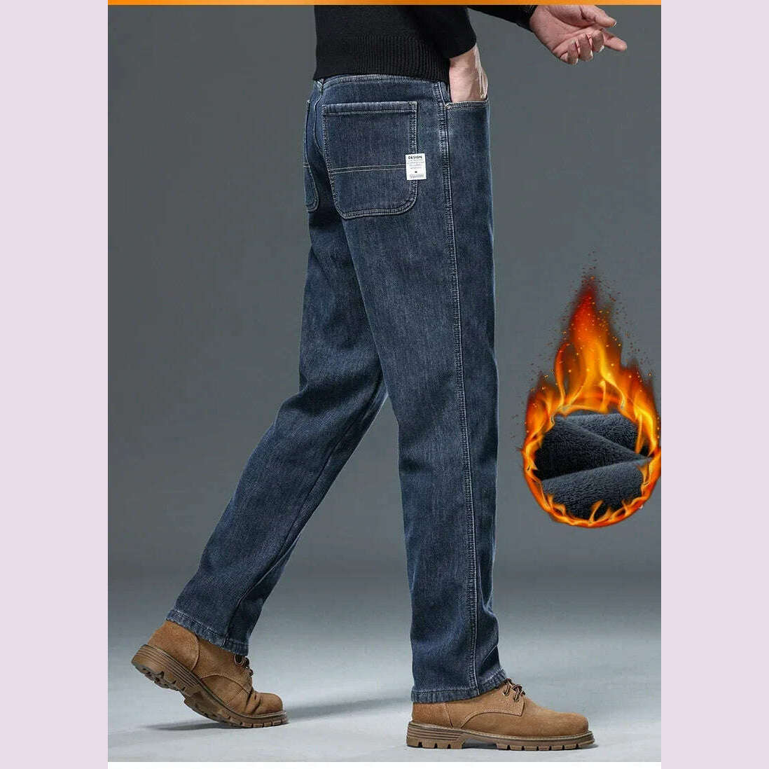 KIMLUD, Winter Korean Fashion Brushed Jeans for Men's Thickened Warm Elastic Slim Comfortable Straight Fleece Denim Trousers, KIMLUD Womens Clothes