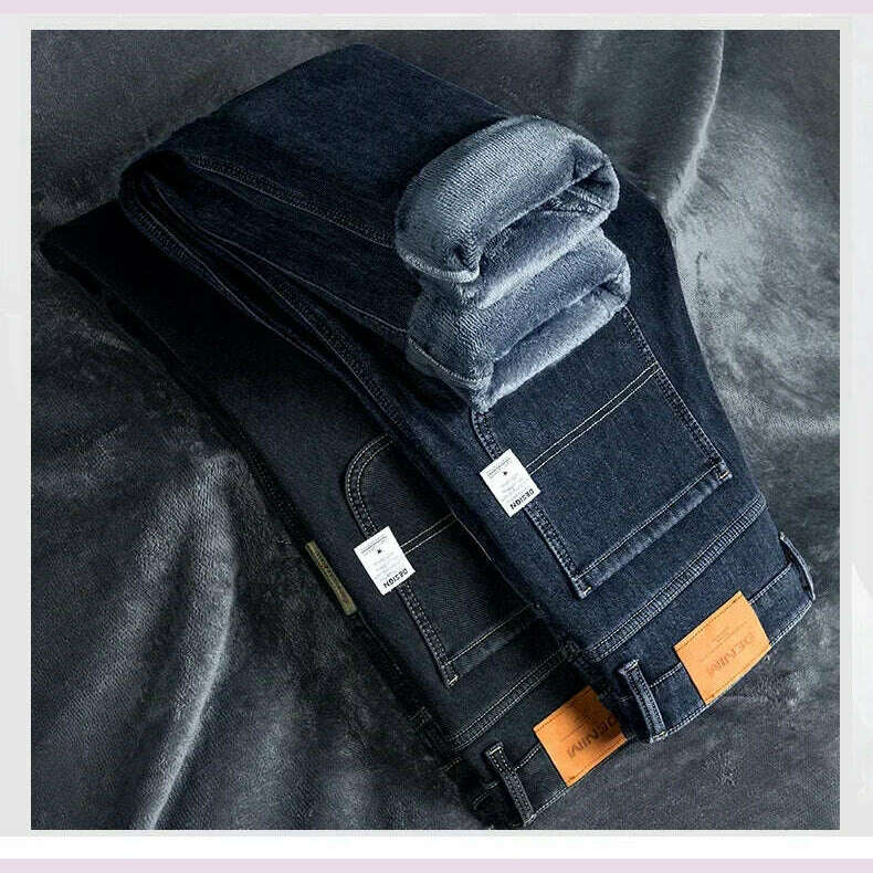 KIMLUD, Winter Korean Fashion Brushed Jeans for Men's Thickened Warm Elastic Slim Comfortable Straight Fleece Denim Trousers, KIMLUD Womens Clothes