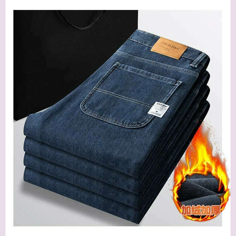 KIMLUD, Winter Korean Fashion Brushed Jeans for Men's Thickened Warm Elastic Slim Comfortable Straight Fleece Denim Trousers, KIMLUD Womens Clothes