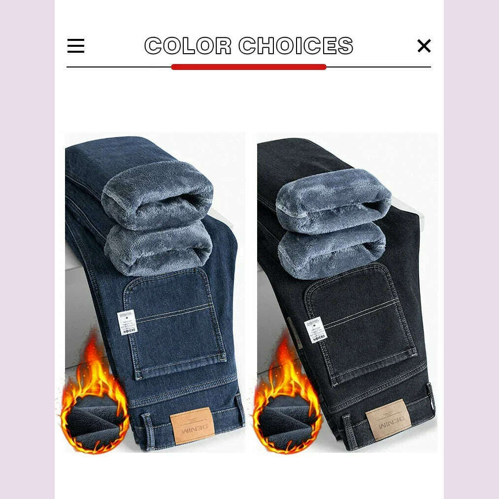 KIMLUD, Winter Korean Fashion Brushed Jeans for Men's Thickened Warm Elastic Slim Comfortable Straight Fleece Denim Trousers, KIMLUD Womens Clothes