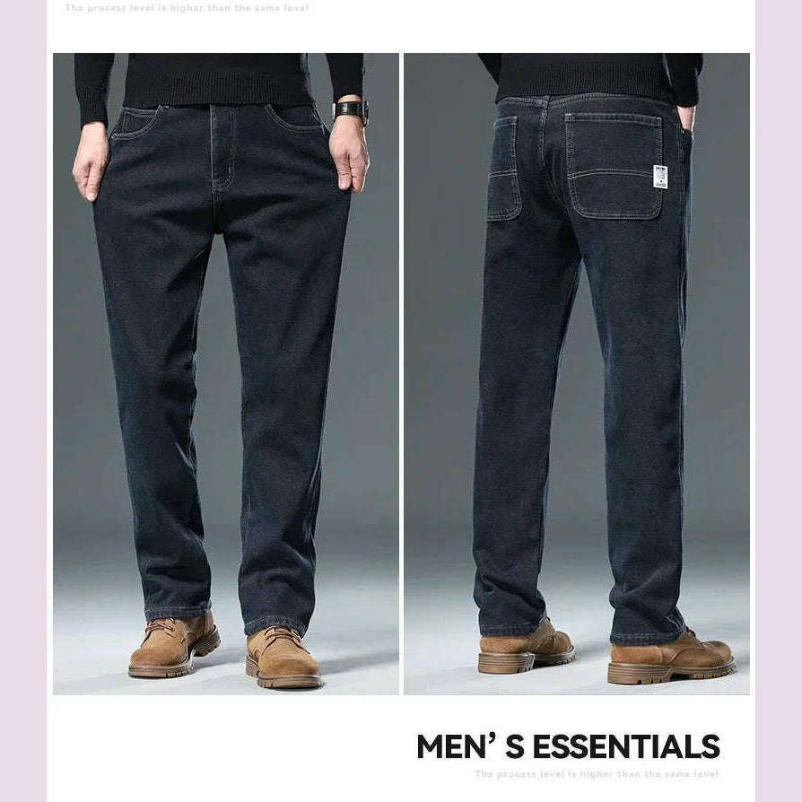 KIMLUD, Winter Korean Fashion Brushed Jeans for Men's Thickened Warm Elastic Slim Comfortable Straight Fleece Denim Trousers, KIMLUD Womens Clothes