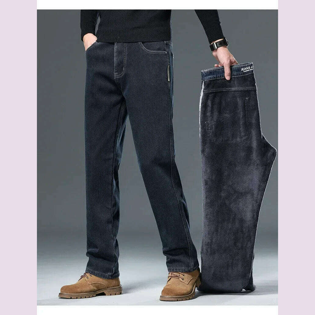 KIMLUD, Winter Korean Fashion Brushed Jeans for Men's Thickened Warm Elastic Slim Comfortable Straight Fleece Denim Trousers, KIMLUD Womens Clothes