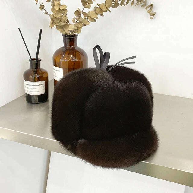 KIMLUD, Winter Men Fur Cap Genuine Natural Mink Fur Hat Headgear Russian Outdoor Man mink Fur Beanies Cap Men Warm Fashion Bomber Hat, KIMLUD Womens Clothes