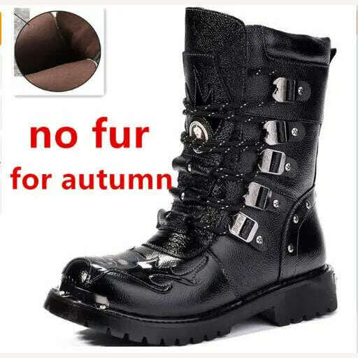 KIMLUD, Winter Men Motorcycle Boots New Fashion Mid-Calf Punk Rock Punk Shoes Mens Genuine Leather Black High Top Mens Casual Boot 38-46, black no fur / 38, KIMLUD APPAREL - Womens Clothes