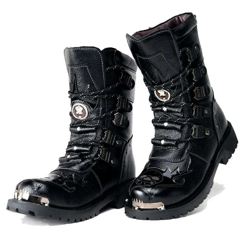 KIMLUD, Winter Men Motorcycle Boots New Fashion Mid-Calf Punk Rock Punk Shoes Mens Genuine Leather Black High Top Mens Casual Boot 38-46, KIMLUD Womens Clothes