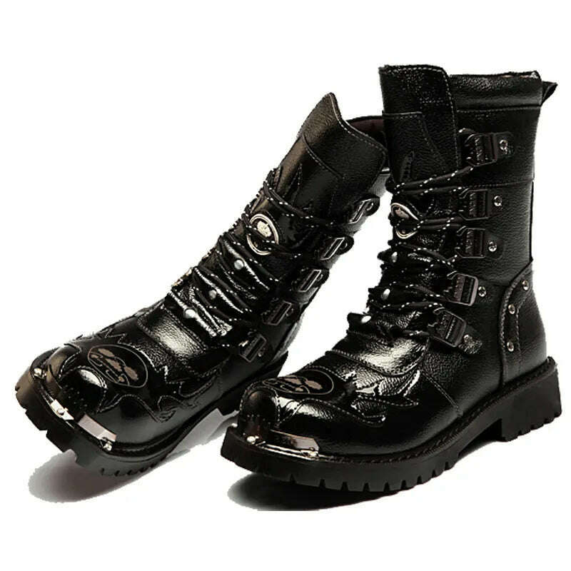 KIMLUD, Winter Men Motorcycle Boots New Fashion Mid-Calf Punk Rock Punk Shoes Mens Genuine Leather Black High Top Mens Casual Boot 38-46, KIMLUD Womens Clothes