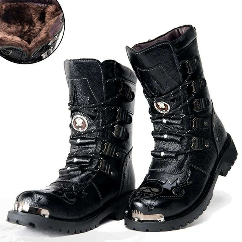 KIMLUD, Winter Men Motorcycle Boots New Fashion Mid-Calf Punk Rock Punk Shoes Mens Genuine Leather Black High Top Mens Casual Boot 38-46, KIMLUD Womens Clothes