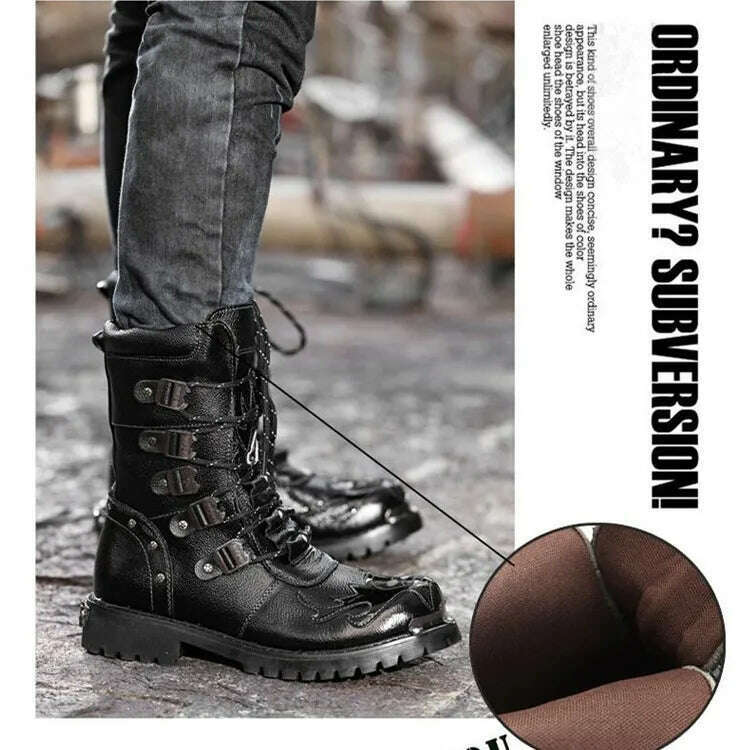 KIMLUD, Winter Men Motorcycle Boots New Fashion Mid-Calf Punk Rock Punk Shoes Mens Genuine Leather Black High Top Mens Casual Boot 38-46, KIMLUD Womens Clothes