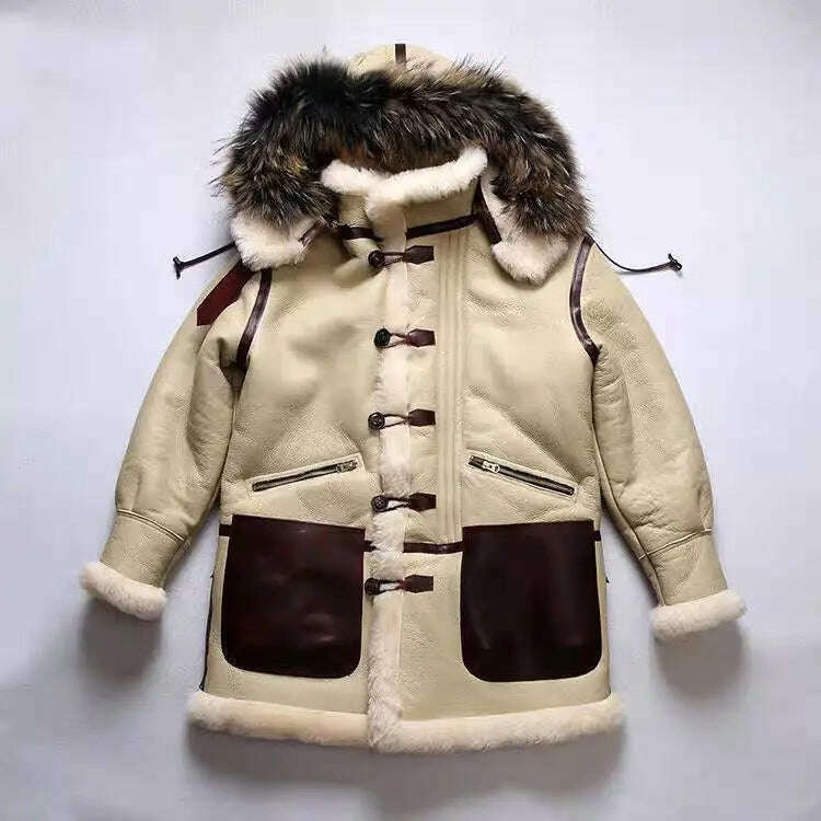 KIMLUD, Winter Men Original Fur Coat Mid-length Thickened Sheepskin Leather Coat Bomber Hooded Wool Lining Warm Snow Men's Clothing, apricot / S, KIMLUD APPAREL - Womens Clothes