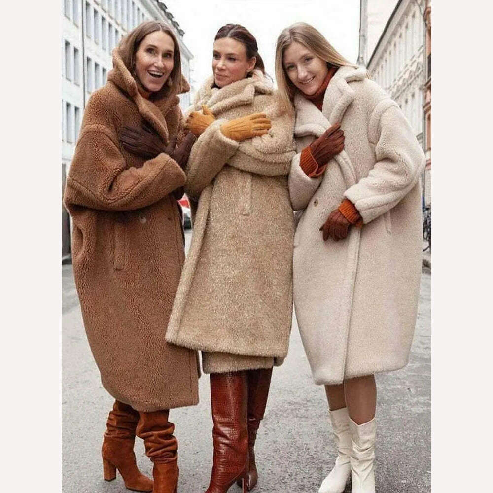 KIMLUD, Winter Thick Jacket Women Faux Fur Lambswool Fleece Teddy Coat Female Fashion Solid Color Loose Long Sleeve Lapel Long Outerwear, KIMLUD Womens Clothes