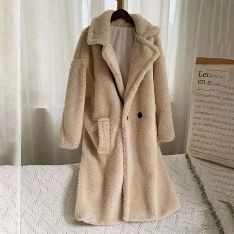 KIMLUD, Winter Thick Jacket Women Faux Fur Lambswool Fleece Teddy Coat Female Fashion Solid Color Loose Long Sleeve Lapel Long Outerwear, Beige / XS, KIMLUD APPAREL - Womens Clothes