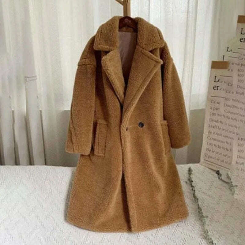 KIMLUD, Winter Thick Jacket Women Faux Fur Lambswool Fleece Teddy Coat Female Fashion Solid Color Loose Long Sleeve Lapel Long Outerwear, Camel / XS, KIMLUD Womens Clothes