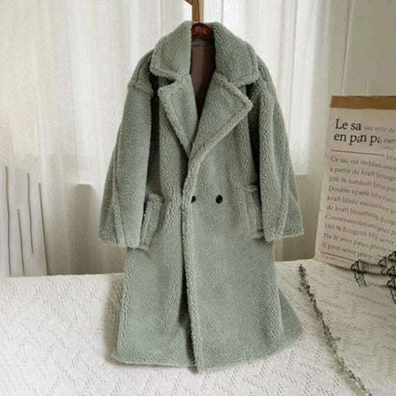KIMLUD, Winter Thick Jacket Women Faux Fur Lambswool Fleece Teddy Coat Female Fashion Solid Color Loose Long Sleeve Lapel Long Outerwear, green / XS, KIMLUD Womens Clothes