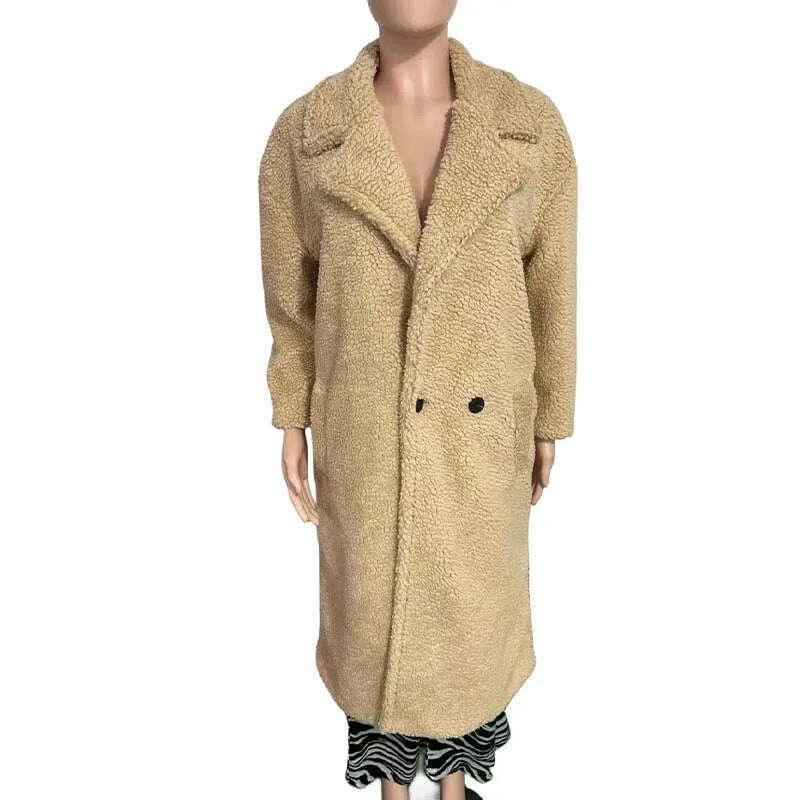 KIMLUD, Winter Thick Jacket Women Faux Fur Lambswool Fleece Teddy Coat Female Fashion Solid Color Loose Long Sleeve Lapel Long Outerwear, KIMLUD Womens Clothes