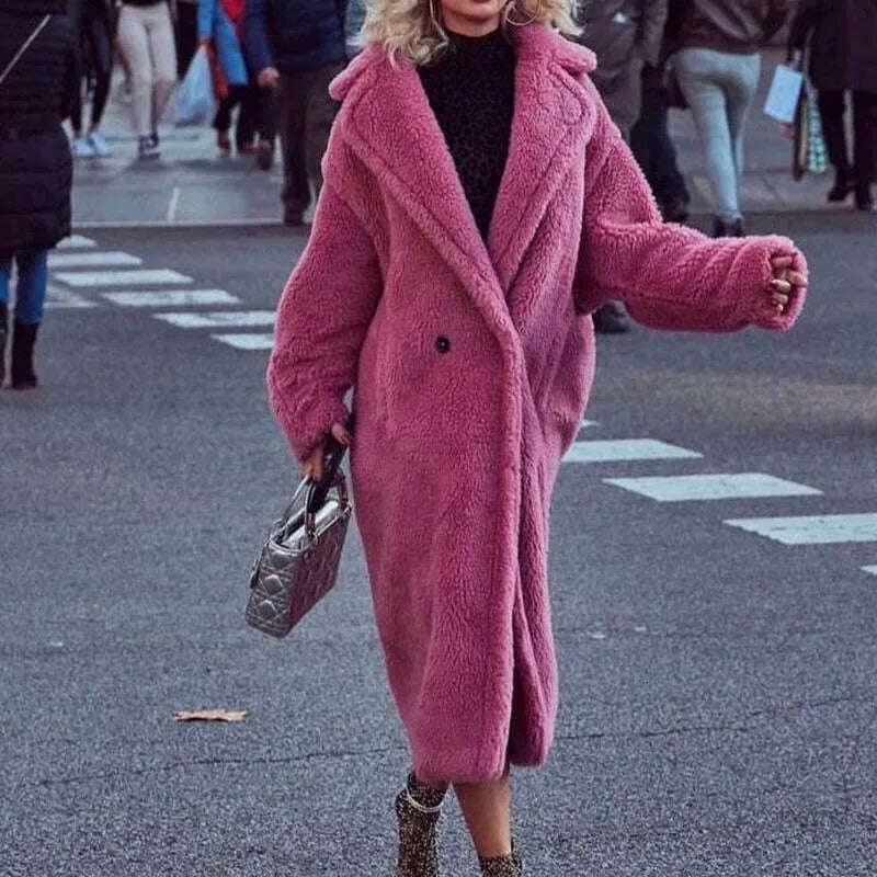 KIMLUD, Winter Thick Jacket Women Faux Fur Lambswool Fleece Teddy Coat Female Fashion Solid Color Loose Long Sleeve Lapel Long Outerwear, Pink / XS, KIMLUD APPAREL - Womens Clothes