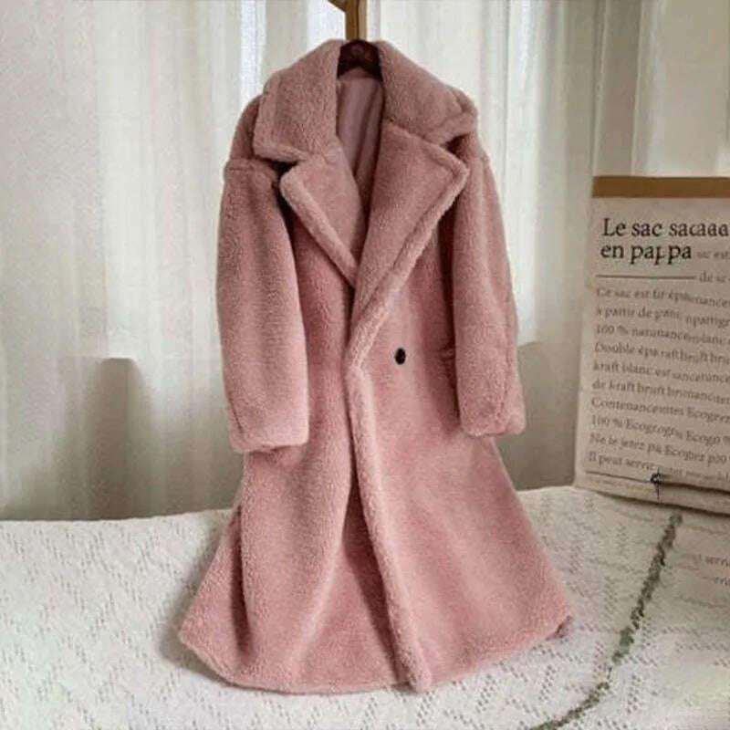 KIMLUD, Winter Thick Jacket Women Faux Fur Lambswool Fleece Teddy Coat Female Fashion Solid Color Loose Long Sleeve Lapel Long Outerwear, KIMLUD Womens Clothes