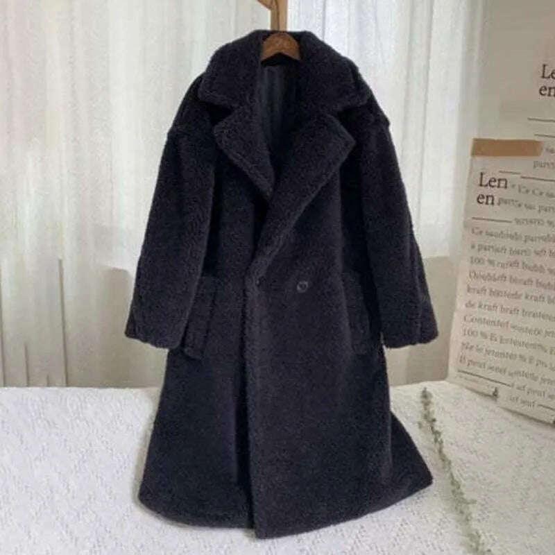 KIMLUD, Winter Thick Jacket Women Faux Fur Lambswool Fleece Teddy Coat Female Fashion Solid Color Loose Long Sleeve Lapel Long Outerwear, KIMLUD Womens Clothes