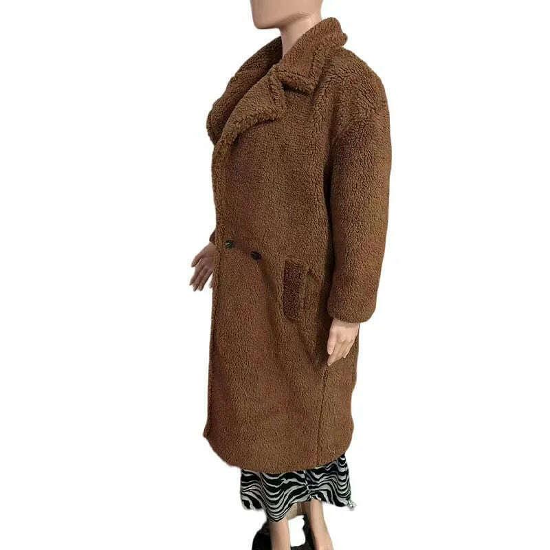 KIMLUD, Winter Thick Jacket Women Faux Fur Lambswool Fleece Teddy Coat Female Fashion Solid Color Loose Long Sleeve Lapel Long Outerwear, KIMLUD Womens Clothes